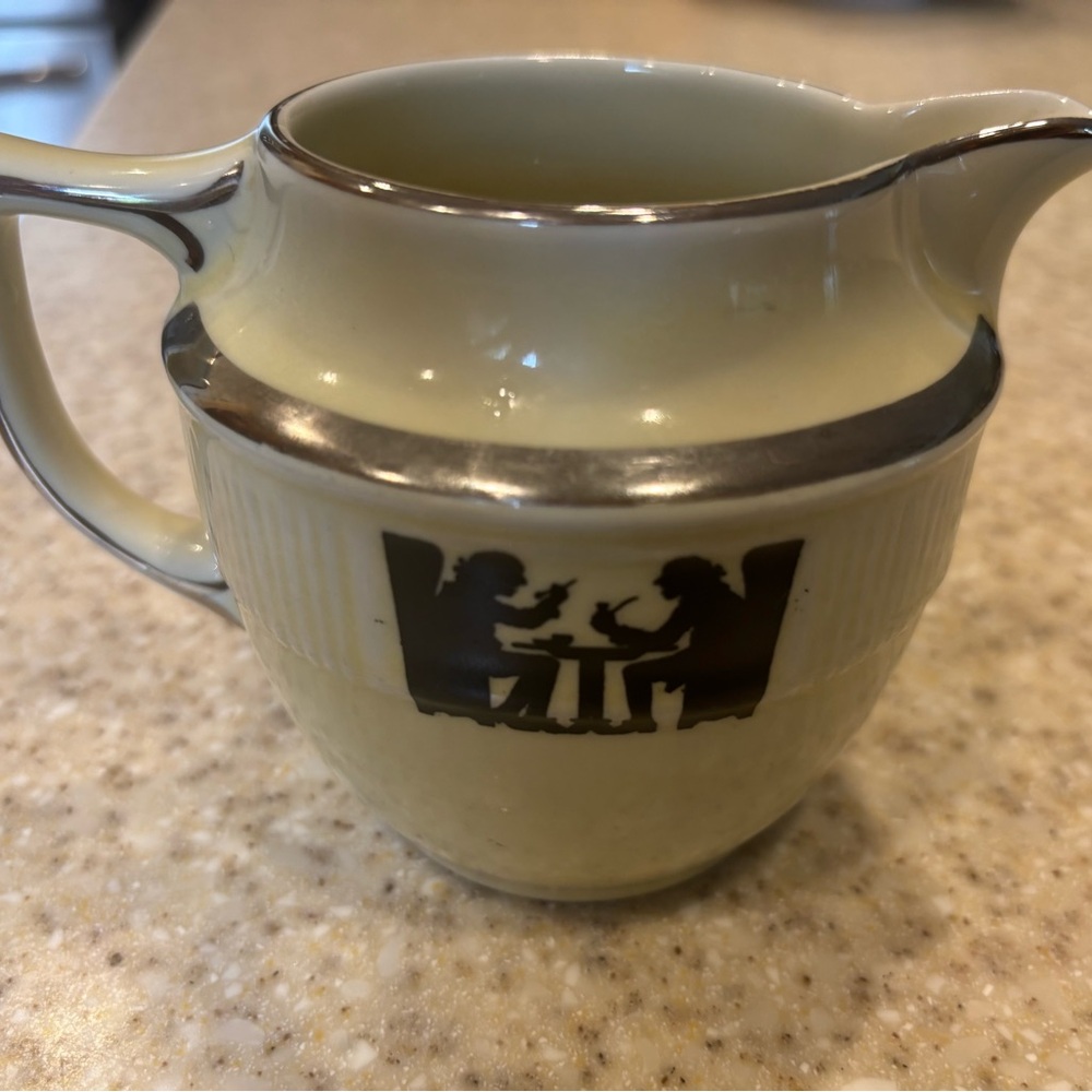 Vintage Cream Teapot with Black Silhouette Design